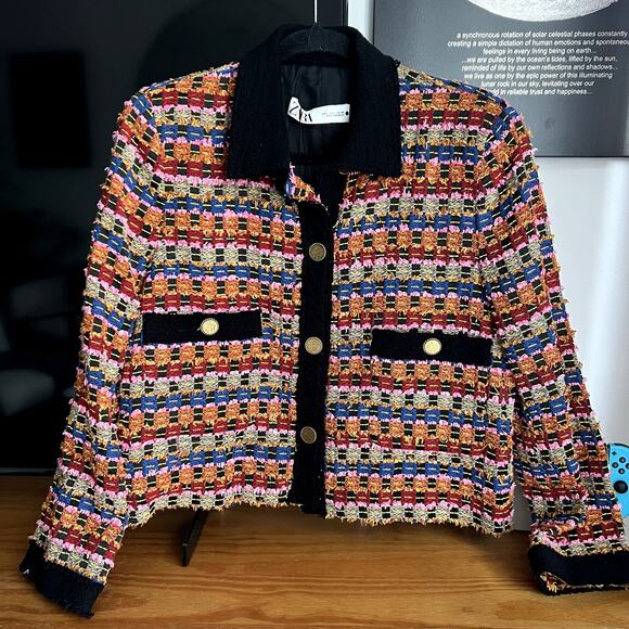 Zara Rainbow New Tweed Cropped blazer jacket size L viscose - Picture 2 of 8